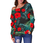 Tropical Hibiscus Leaves Pattern Print Off Shoulder Sweatshirt GearFrost