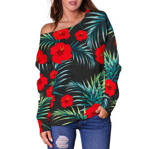 Tropical Hibiscus Leaves Pattern Print Off Shoulder Sweatshirt GearFrost