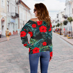 Tropical Hibiscus Leaves Pattern Print Off Shoulder Sweatshirt GearFrost