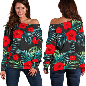 Tropical Hibiscus Leaves Pattern Print Off Shoulder Sweatshirt GearFrost