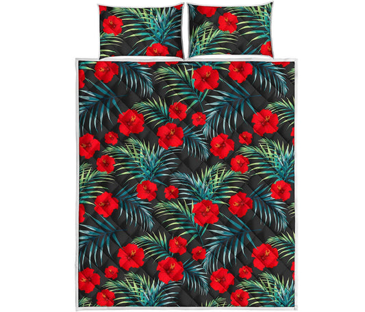 Tropical Hibiscus Leaves Pattern Print Quilt Bed Set