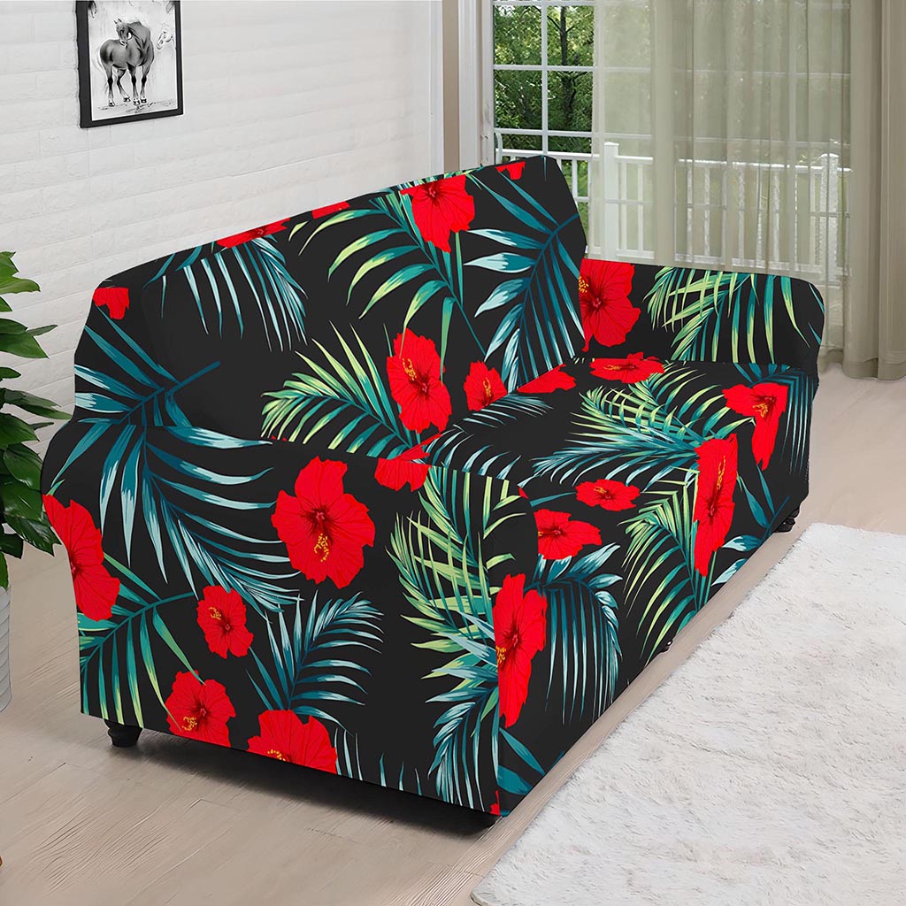 Tropical Hibiscus Leaves Pattern Print Sofa Cover