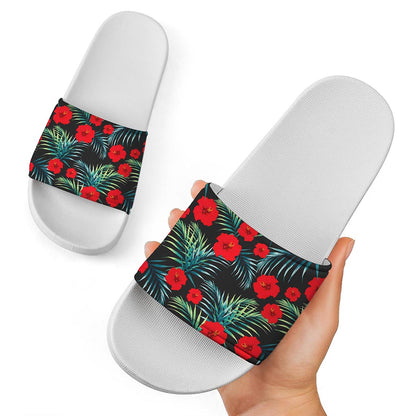 Tropical Hibiscus Leaves Pattern Print White Slide Sandals