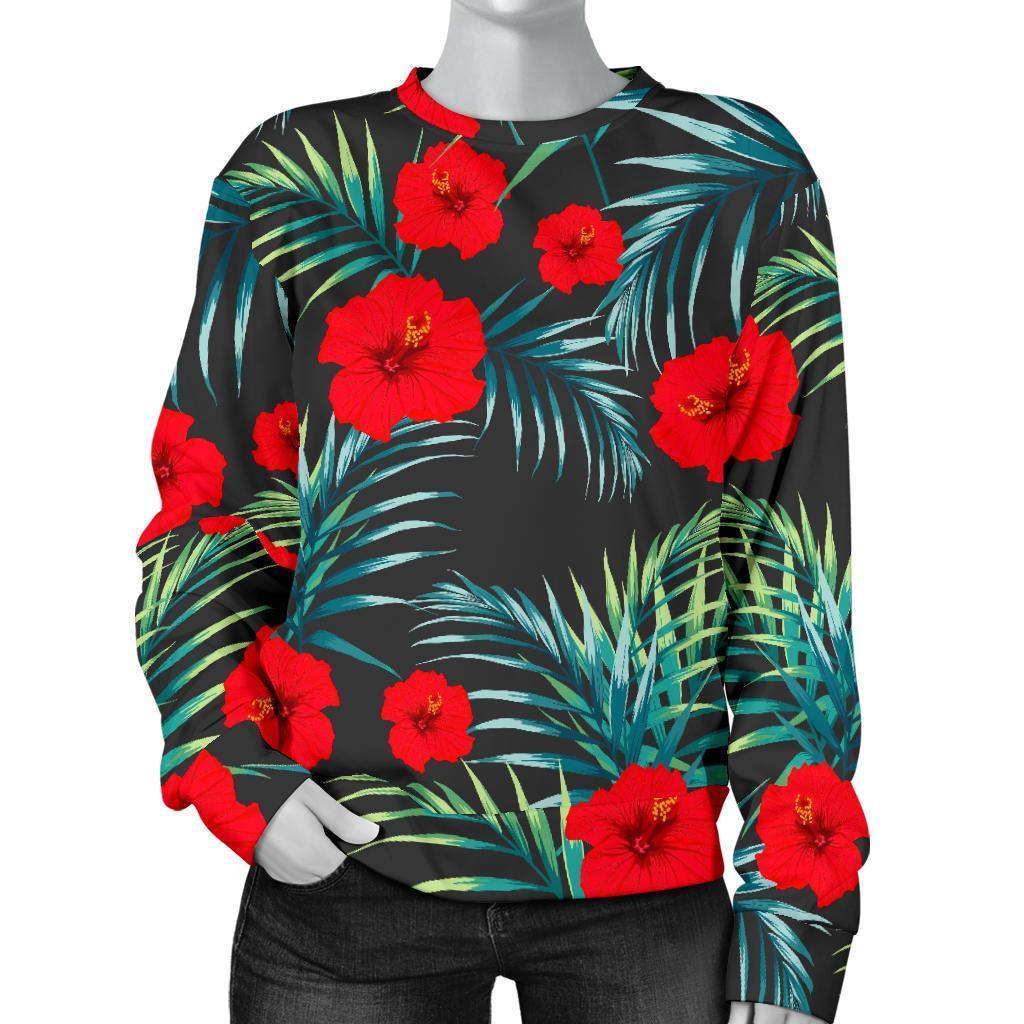 Tropical Hibiscus Leaves Pattern Print Women's Crewneck Sweatshirt GearFrost