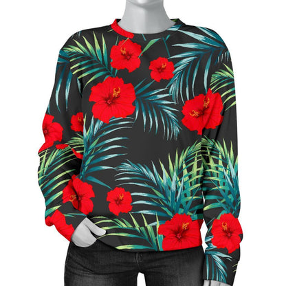 Tropical Hibiscus Leaves Pattern Print Women's Crewneck Sweatshirt GearFrost