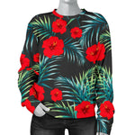 Tropical Hibiscus Leaves Pattern Print Women's Crewneck Sweatshirt GearFrost