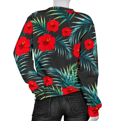Tropical Hibiscus Leaves Pattern Print Women's Crewneck Sweatshirt GearFrost