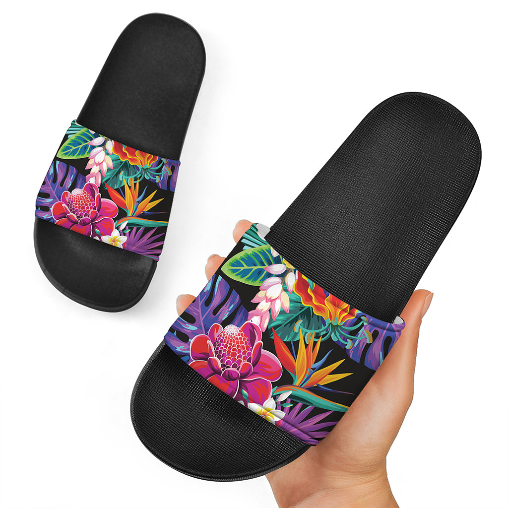 Tropical Hummingbird Print Black Slide Sandals