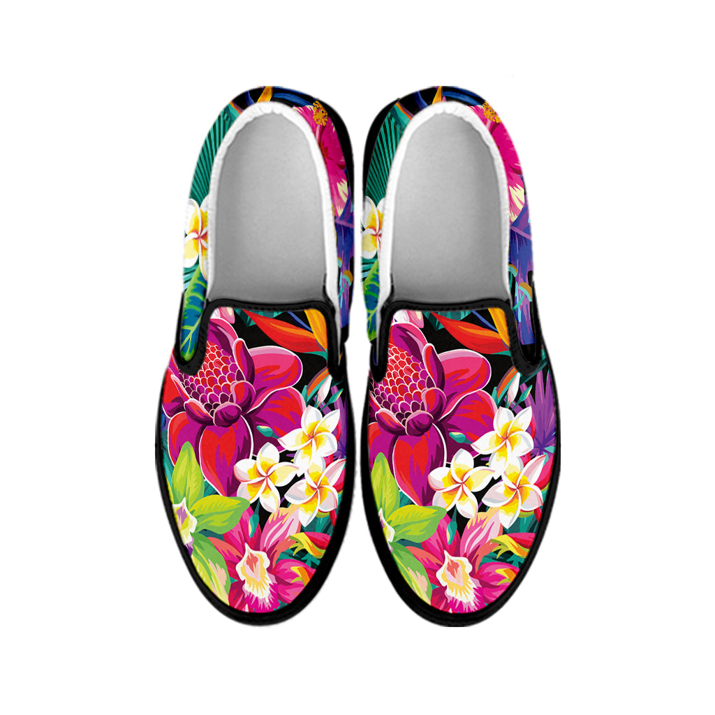 Tropical Hummingbird Print Black Slip On Shoes