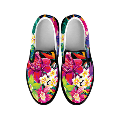 Tropical Hummingbird Print Black Slip On Shoes