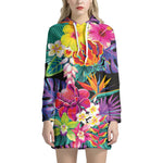Tropical Hummingbird Print Hoodie Dress