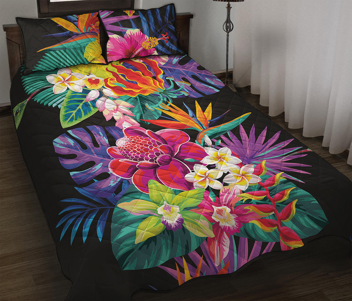 Tropical Hummingbird Print Quilt Bed Set