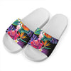 Tropical Hummingbird Print White Slide Sandals