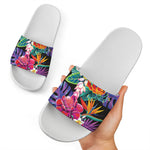 Tropical Hummingbird Print White Slide Sandals