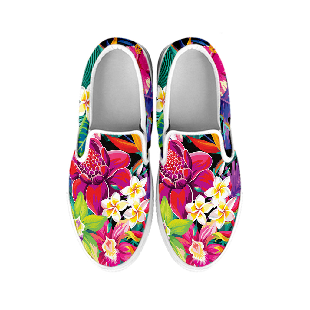 Tropical Hummingbird Print White Slip On Shoes