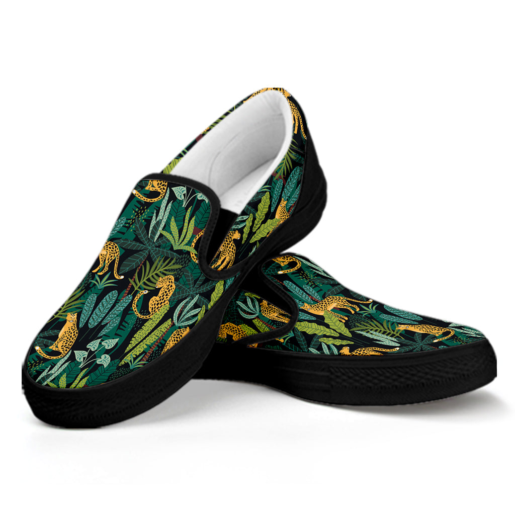 Tropical Jaguar Pattern Print Black Slip On Shoes