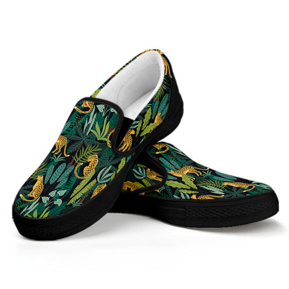 Tropical Jaguar Pattern Print Black Slip On Shoes