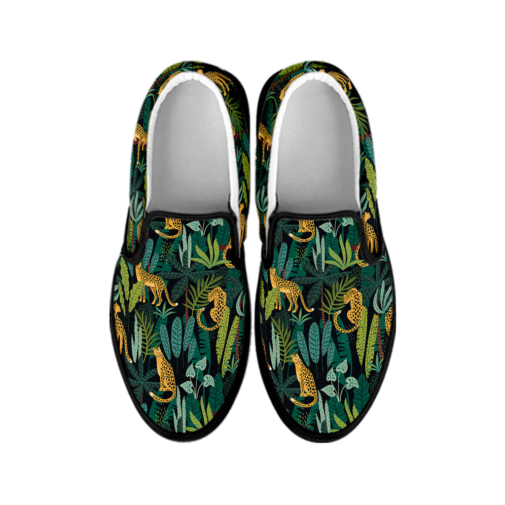 Tropical Jaguar Pattern Print Black Slip On Shoes