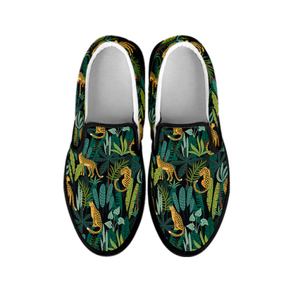Tropical Jaguar Pattern Print Black Slip On Shoes