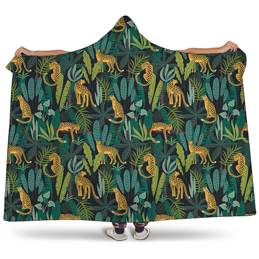 Tropical Jaguar Pattern Print Hooded Blanket