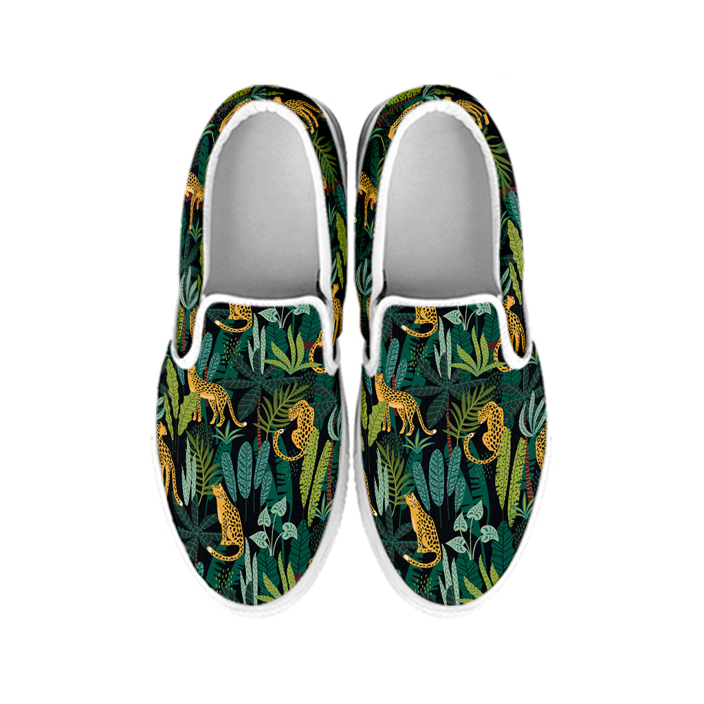 Tropical Jaguar Pattern Print White Slip On Shoes