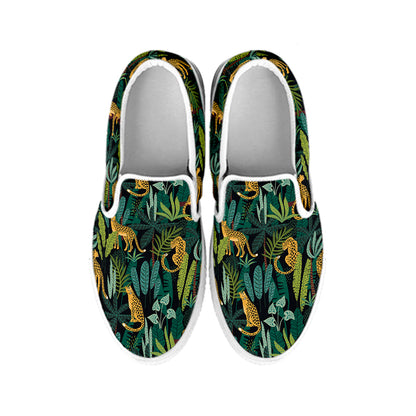 Tropical Jaguar Pattern Print White Slip On Shoes