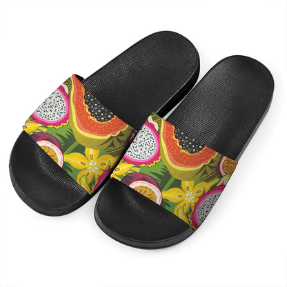 Tropical Jungle Fruits Pattern Print Black Slide Sandals