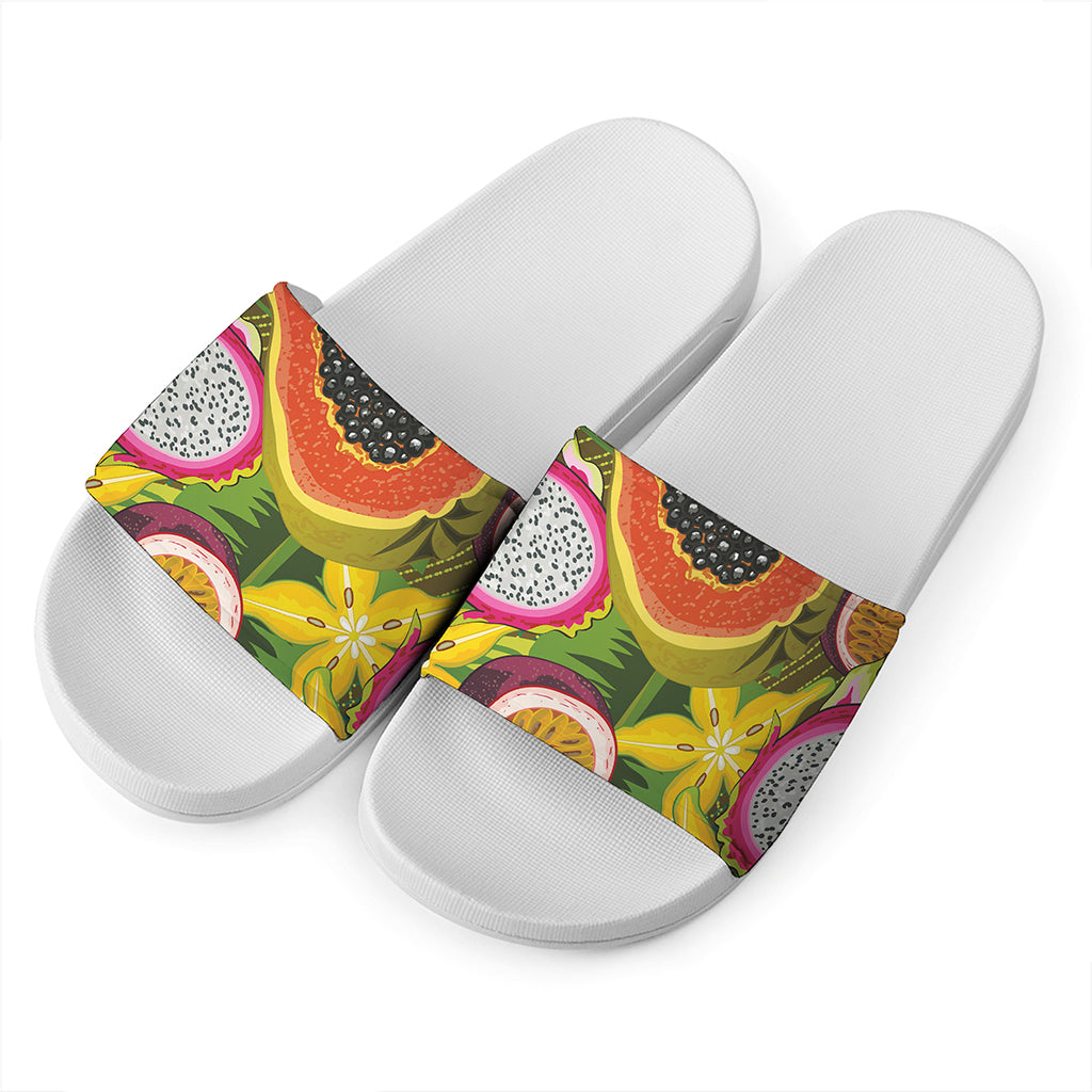 Tropical Jungle Fruits Pattern Print White Slide Sandals