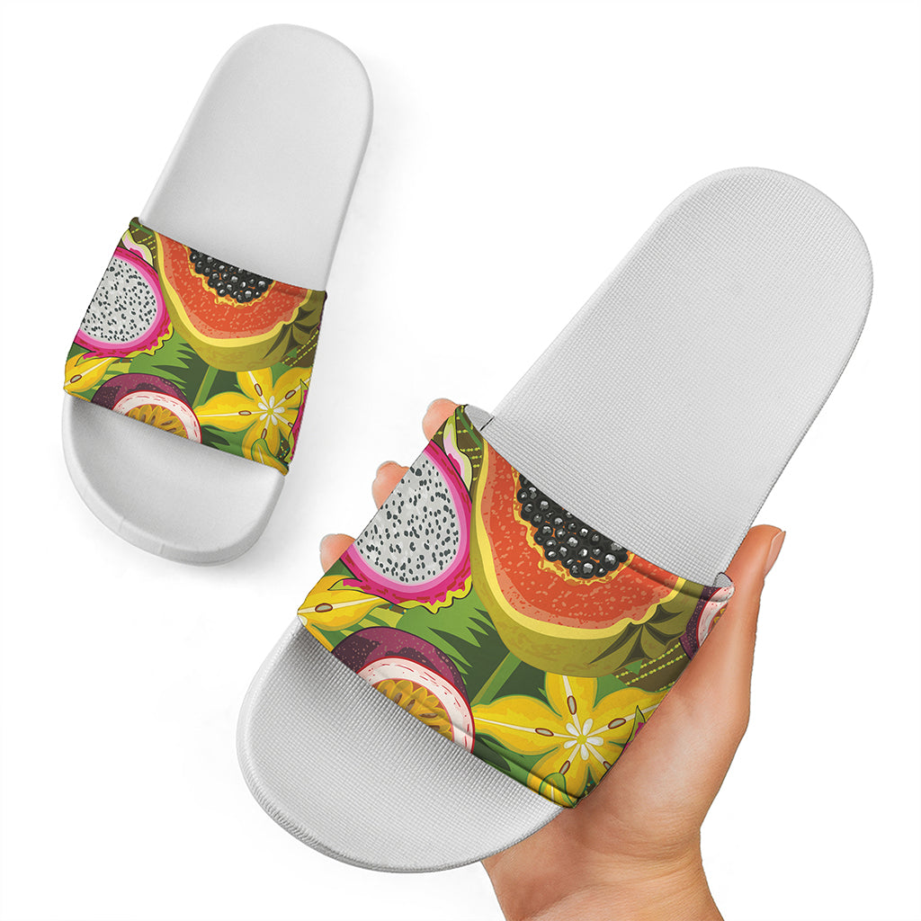 Tropical Jungle Fruits Pattern Print White Slide Sandals