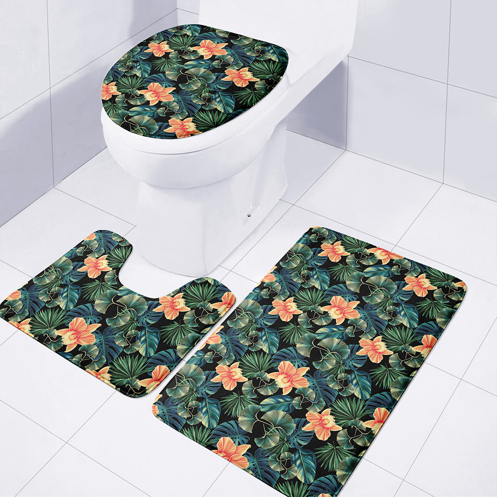 Tropical Leaf And Hawaiian Flower Print 3 Piece Bath Mat Set