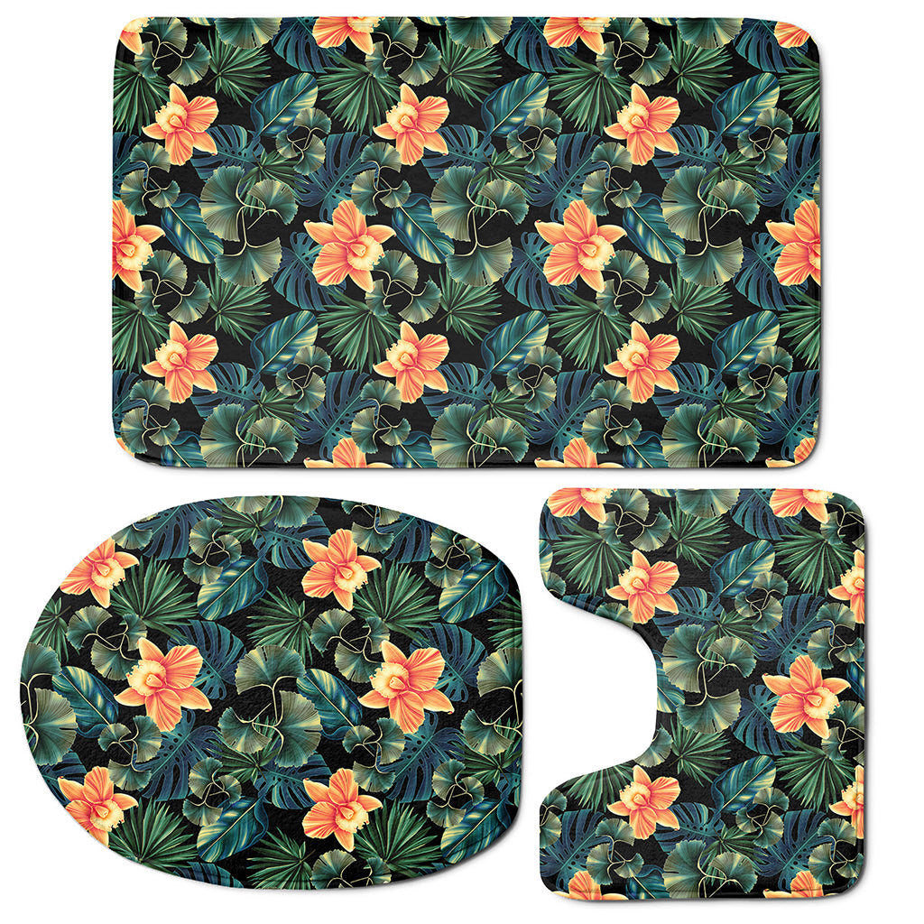 Tropical Leaf And Hawaiian Flower Print 3 Piece Bath Mat Set