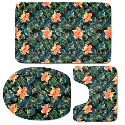 Tropical Leaf And Hawaiian Flower Print 3 Piece Bath Mat Set