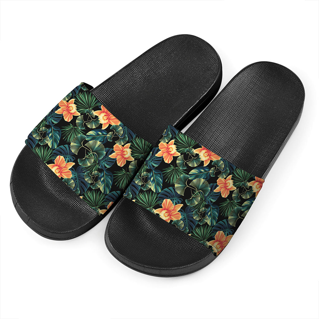 Tropical Leaf And Hawaiian Flower Print Black Slide Sandals