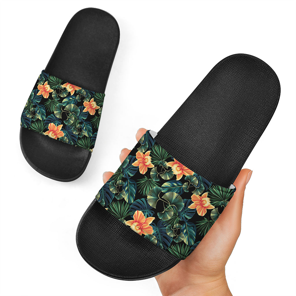 Tropical Leaf And Hawaiian Flower Print Black Slide Sandals
