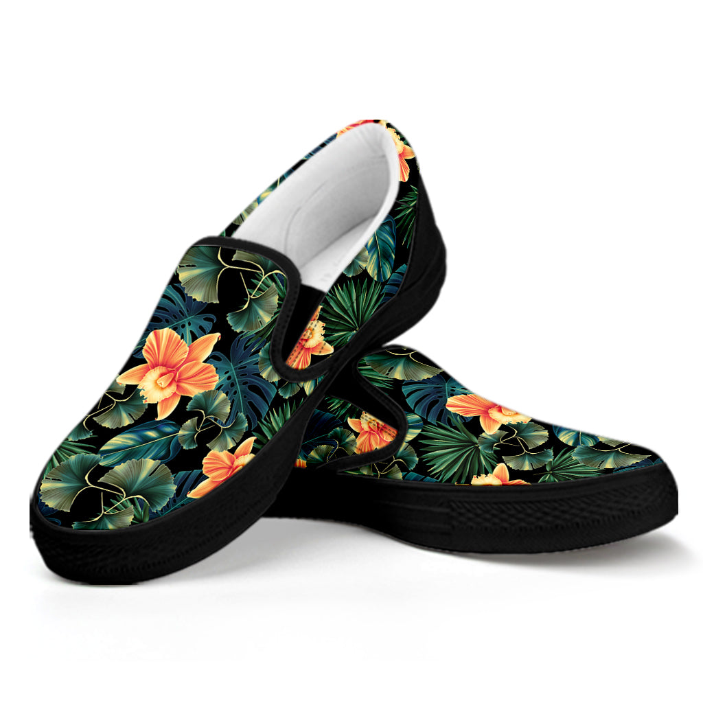 Tropical Leaf And Hawaiian Flower Print Black Slip On Shoes