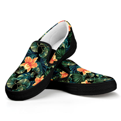 Tropical Leaf And Hawaiian Flower Print Black Slip On Shoes