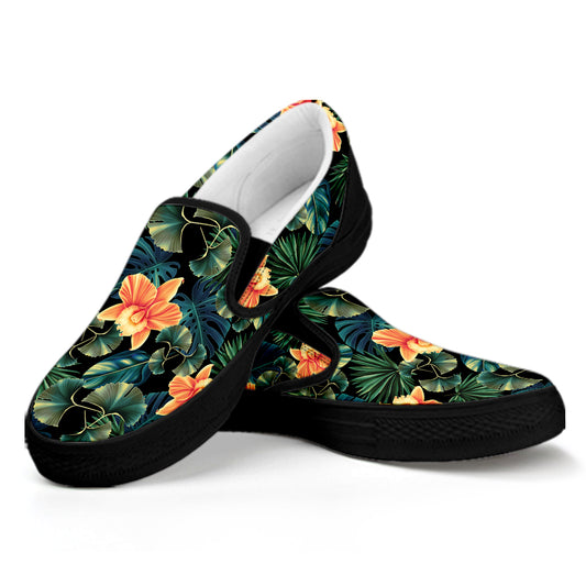 Tropical Leaf And Hawaiian Flower Print Black Slip On Shoes