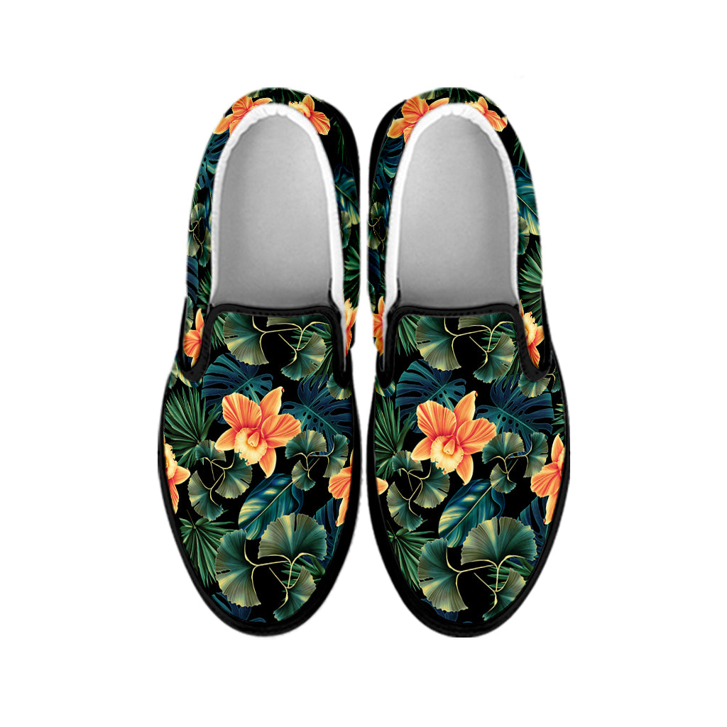 Tropical Leaf And Hawaiian Flower Print Black Slip On Shoes