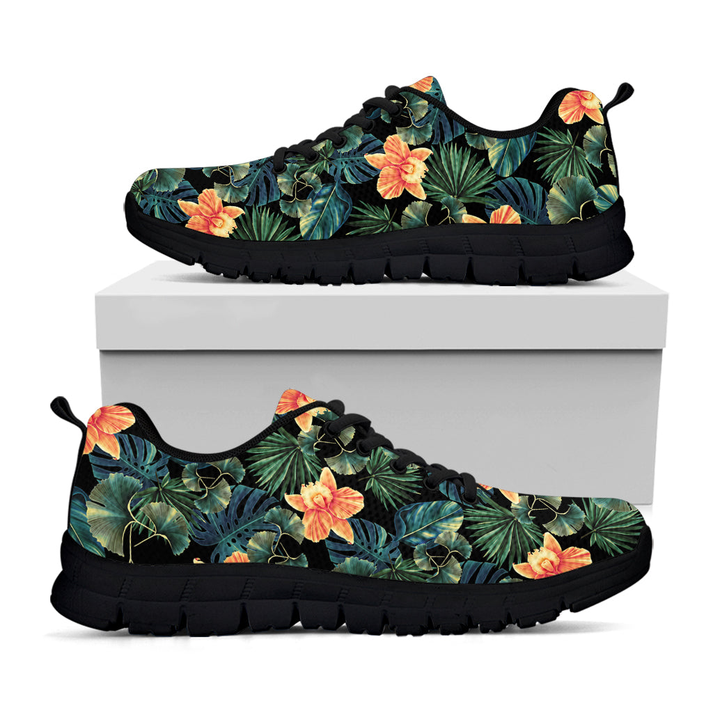 Tropical Leaf And Hawaiian Flower Print Black Sneakers