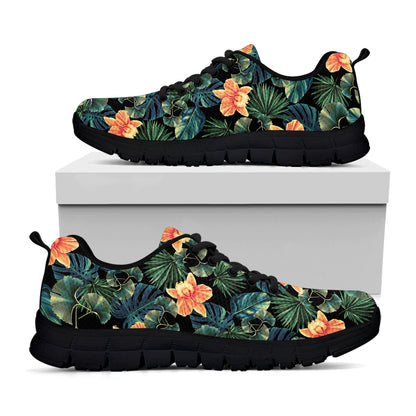 Tropical Leaf And Hawaiian Flower Print Black Sneakers