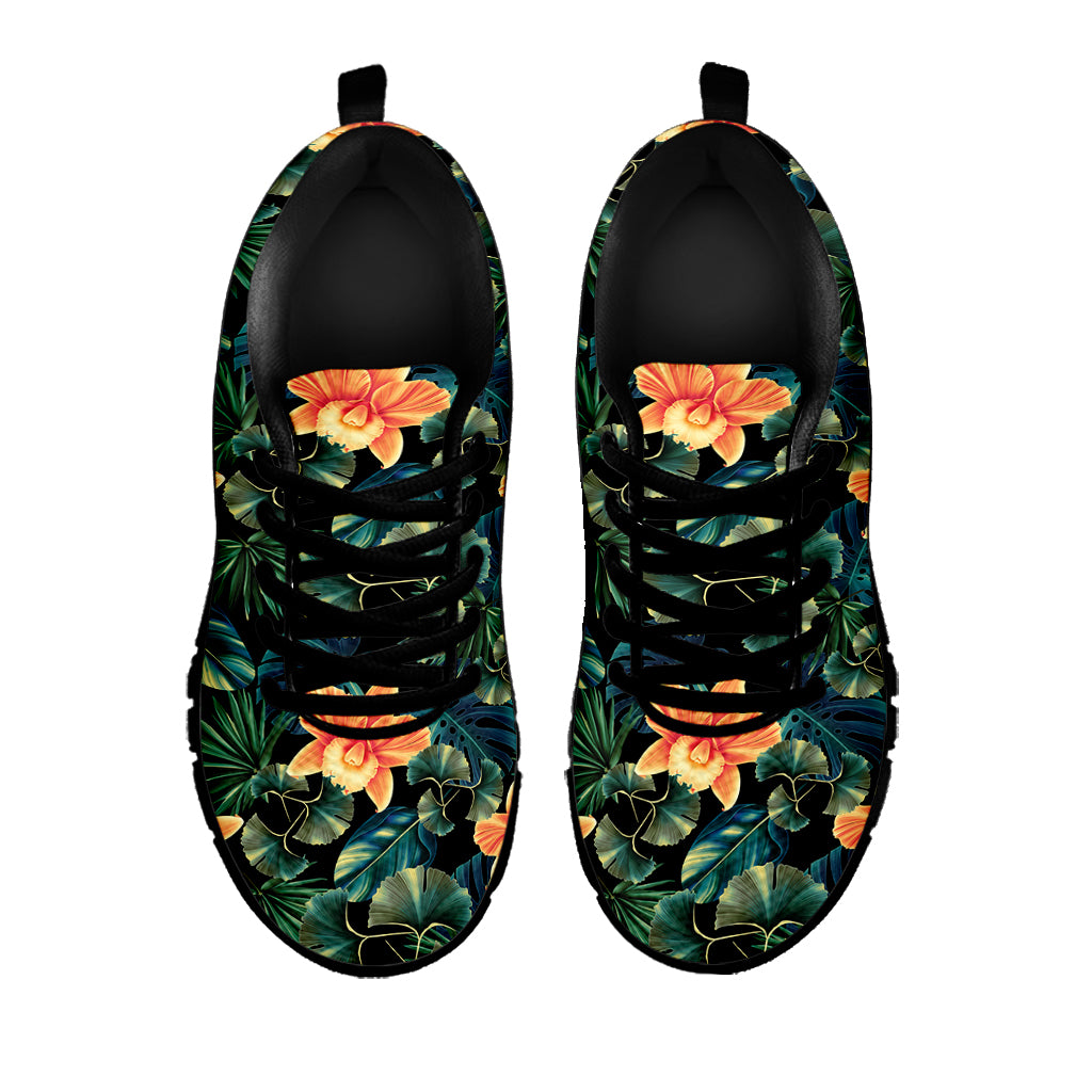Tropical Leaf And Hawaiian Flower Print Black Sneakers