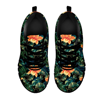Tropical Leaf And Hawaiian Flower Print Black Sneakers