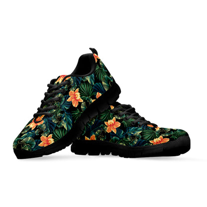 Tropical Leaf And Hawaiian Flower Print Black Sneakers