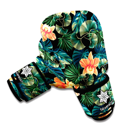 Tropical Leaf And Hawaiian Flower Print Boxing Gloves