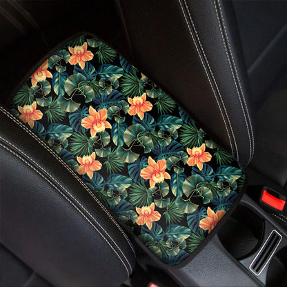 Tropical Leaf And Hawaiian Flower Print Car Center Console Cover
