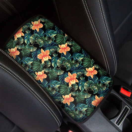 Tropical Leaf And Hawaiian Flower Print Car Center Console Cover