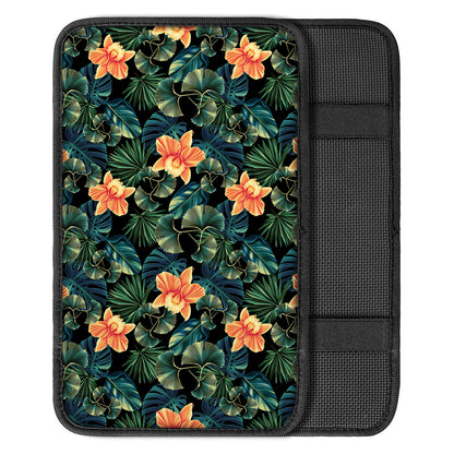 Tropical Leaf And Hawaiian Flower Print Car Center Console Cover