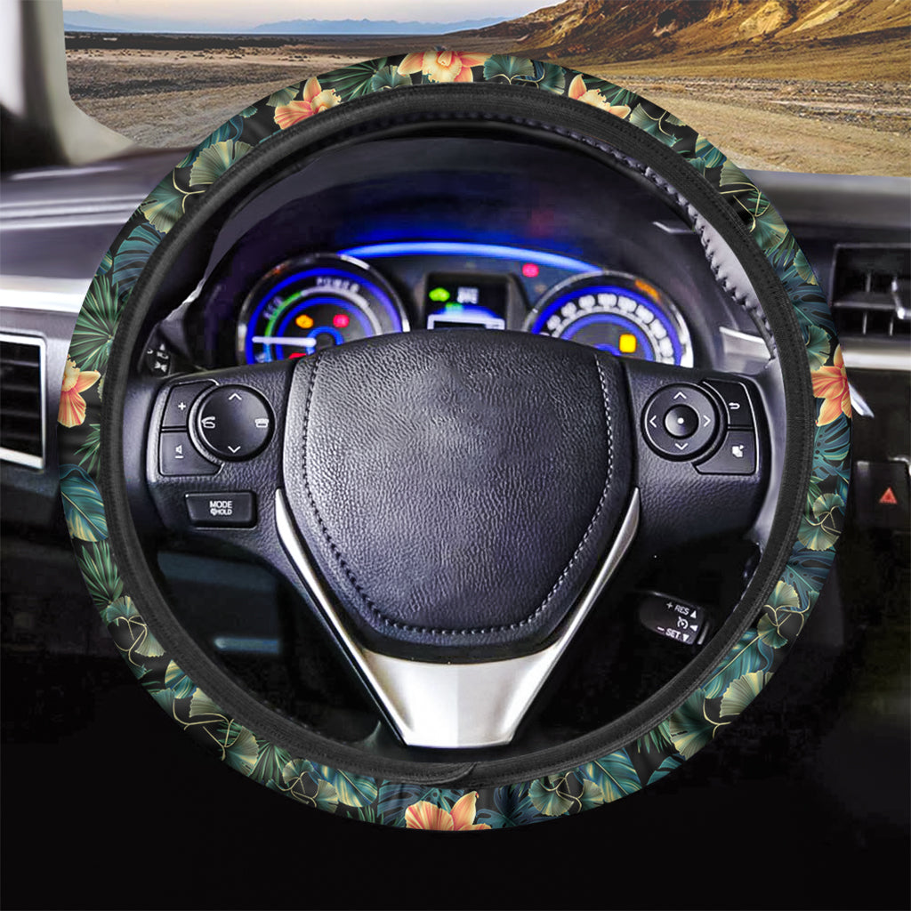 Tropical Leaf And Hawaiian Flower Print Car Steering Wheel Cover