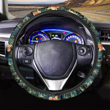 Tropical Leaf And Hawaiian Flower Print Car Steering Wheel Cover