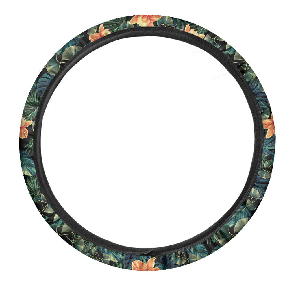Tropical Leaf And Hawaiian Flower Print Car Steering Wheel Cover